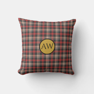 Personlig röd svart och krämfärgad Tartan Monogram Kudde