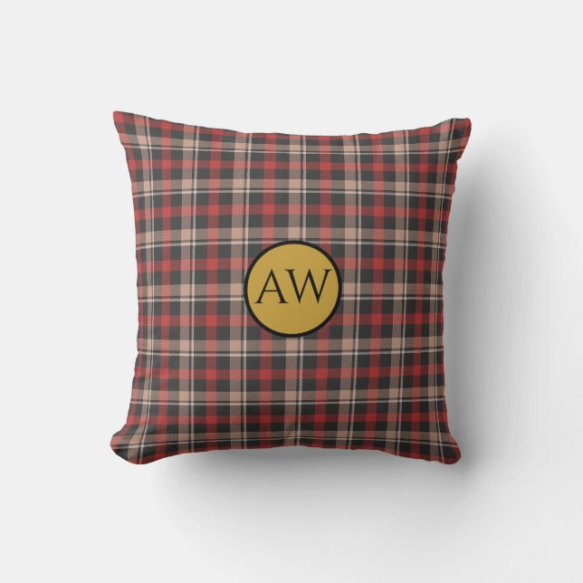 Personlig röd svart och krämfärgad Tartan Monogram Kudde (Framsida)