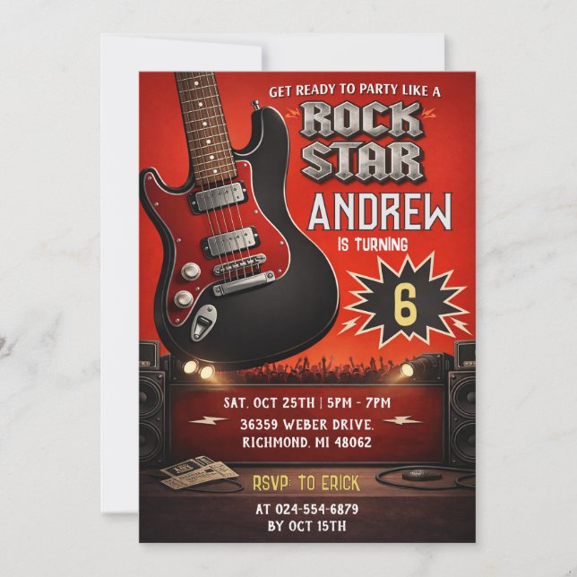 Personlig Röd Svart Rock och Roll Födelsedag Inbjudningar (Framsida)