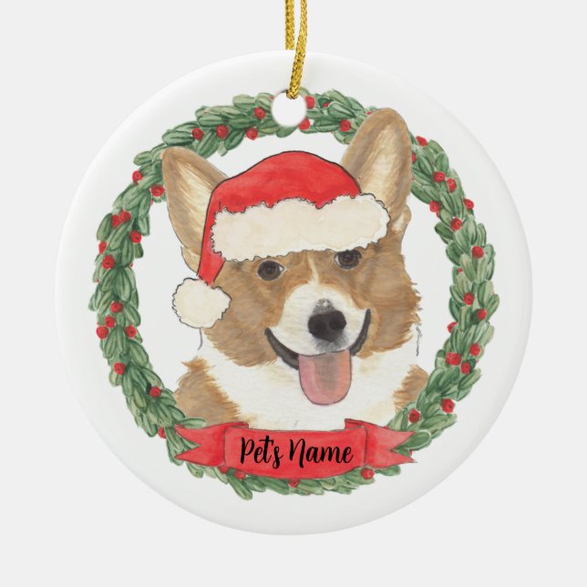 Personlig röd & vit Corgi jul Julgransprydnad Keramik (Framsidan)