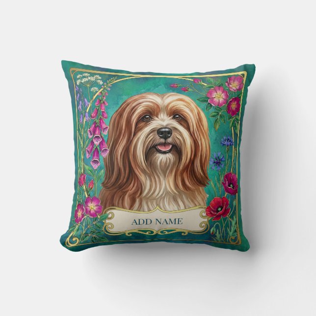 Personlig röd-vit Lhasa Apso blommig kudde (Framsida)