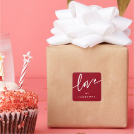 Personlig röd + vit 'Love' Script-teckensnitt Fyrkantigt Klistermärke