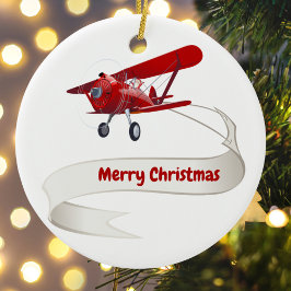 Personlig,Röda flygplan och tomten, God jul Julgransprydnad Keramik