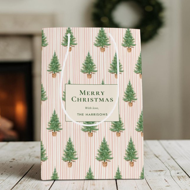 Personlig röda rand julgranar högtid (Personalized Blush Stripe Christmas Trees Holiday Medium Gift Bag)