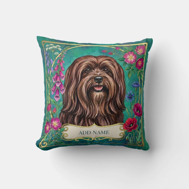 Personlig rödbrun Lhasa Apso blommig kudde (Framsida)