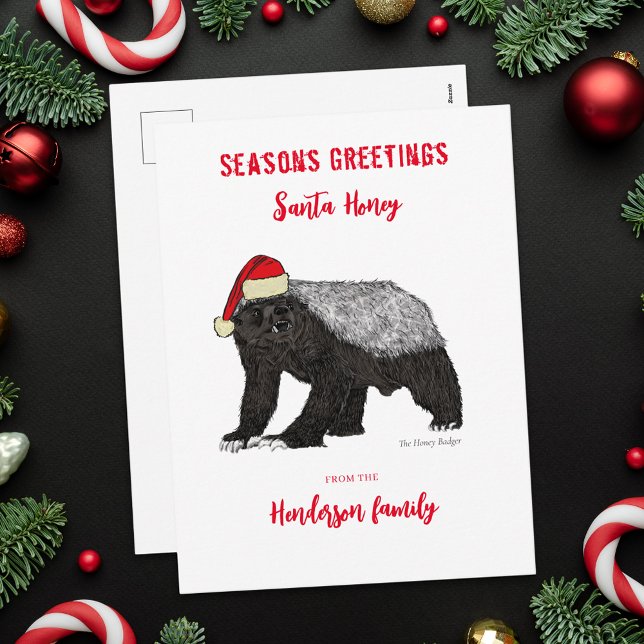 Personlig Rolig Honungsgrävande Tomte Helg Vykort (Personalized funny honey Badger Santa family name holiday greetings flat card badass christmas anima)