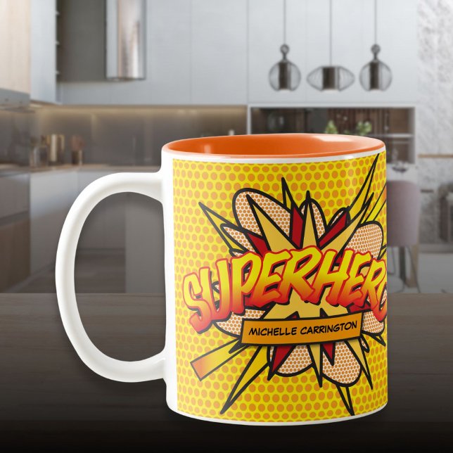 Personlig rolig serietidning SUPERHJÄLTE Två-Tonad Mugg (Personalized Fun Comic Book SUPERHERO Two-Tone Coffee Mug)