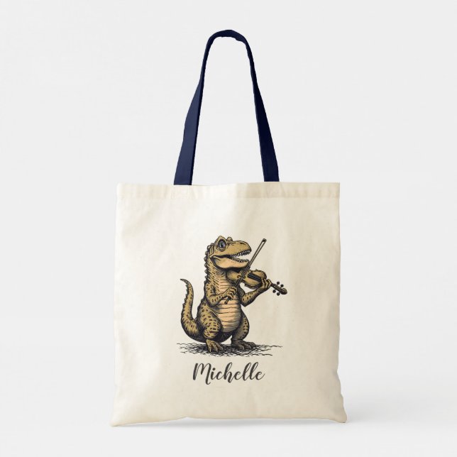 Personlig rolig T-Rex dinosaur spelar fiol   Tygkasse (Baksida)
