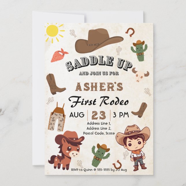 Personlig Roligt Kawaii Cowboy Kids' födelsedag Inbjudningar (Framsida)