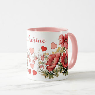 Personlig Romantisk Vintage Poppies and Hearts Mugg
