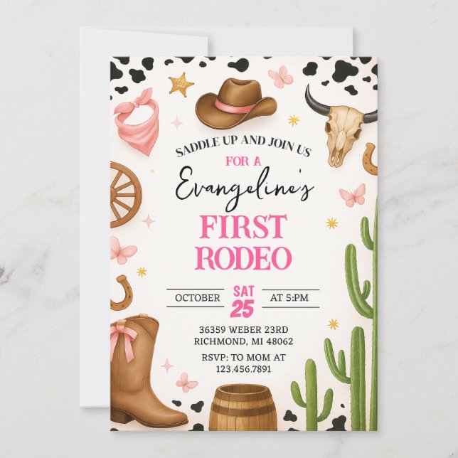 Personlig Rosa 1:a Rodeo Girl Cowgirl Inbjudningar (Framsida)