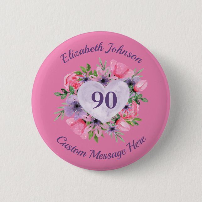 Personlig Rosa 90:e födelsedag Knapp (Framsida)