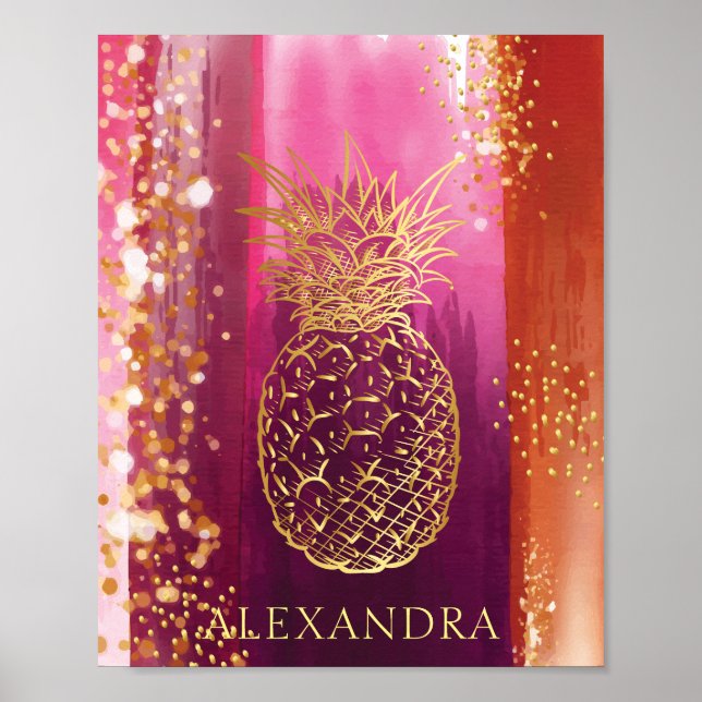 Personlig Rosa Ananas Guld Glitter Poster (Framsidan)