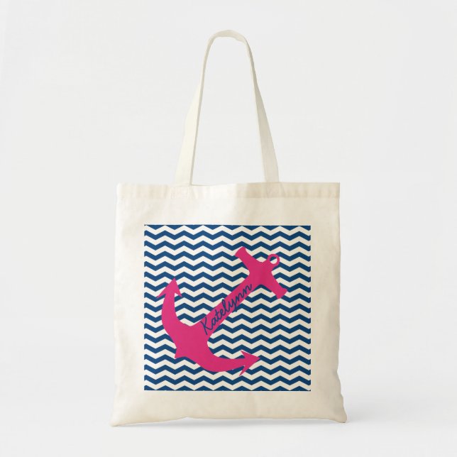 Personlig Rosa Anchor & Navy Zigzag Tote Bag Tygkasse (Framsidan)