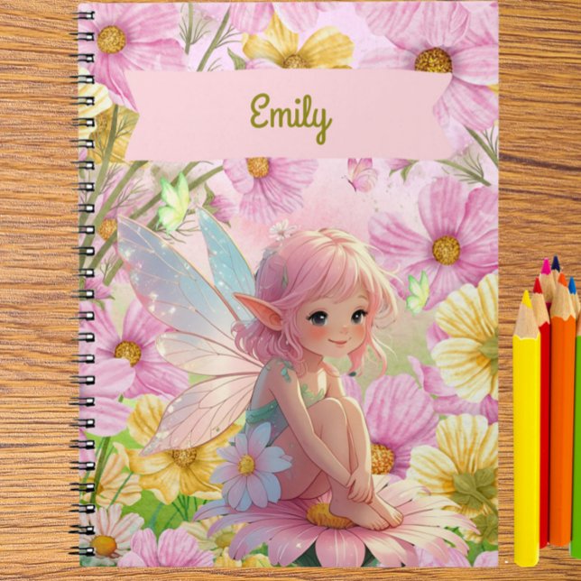 Personlig Rosa Änglar skriv- och tecknehäfte med s Anteckningsbok (Personalized Pretty Pink Fairy and Flowers Journal – Custom Name Notebook for Girls)