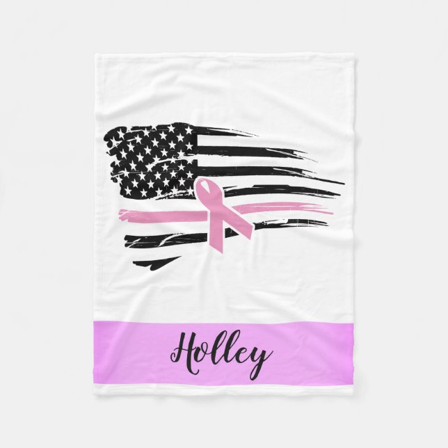 Personlig Rosa Awareness Ribbon American Flagga Fleecefilt (Framsidan)