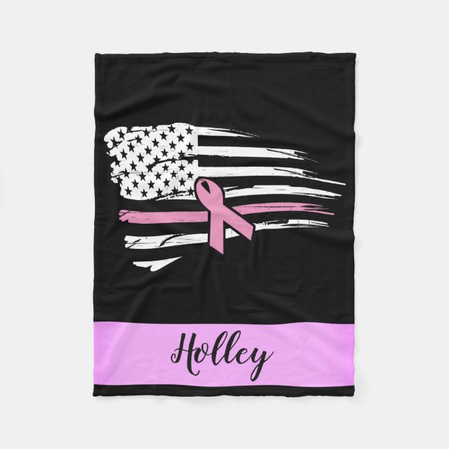 Personlig Rosa Awareness Ribbon American Flagga Fleecefilt (Framsidan)
