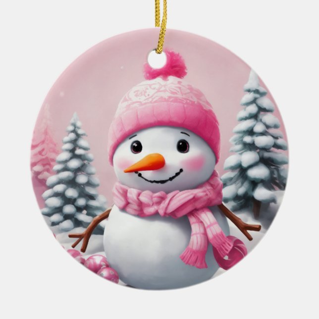 Personlig Rosa Baby jul Snögubbe Julgransprydnad Keramik (Framsidan)