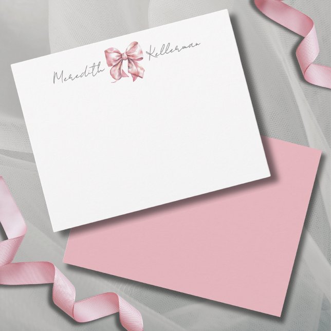 Personlig Rosa Båge Namn Monogram Anteckningskort (Personalized Pink Bow Name Monogram Note Card)