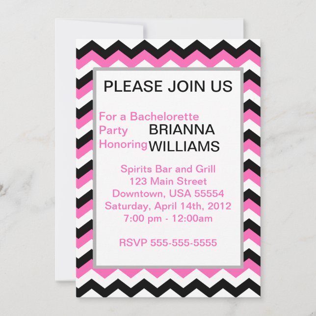 Personlig Rosa & Black Chevron Bachelorette Inbjudningar (Framsida)