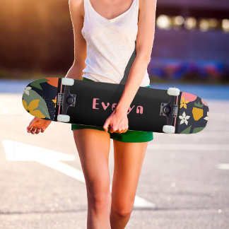 Personlig Rosa Black Girly Flower Mini Skateboard Bräda 18,5 Cm