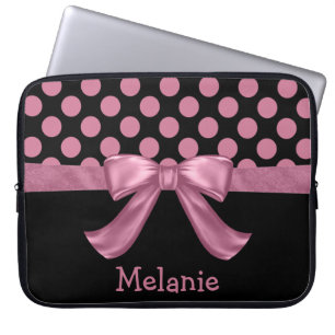 Personlig Rosa Black Polka Dot Ribbon Bow Laptop Sleeve