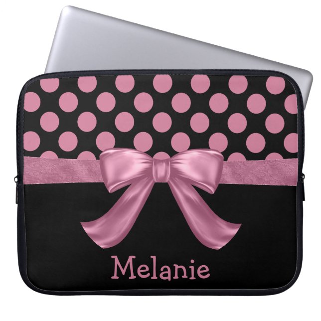 Personlig Rosa Black Polka Dot Ribbon Bow Laptop Sleeve (Framsidan)