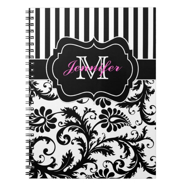 Personlig Rosa Black White Stripe Damask Anteckningsbok (Framsidan)