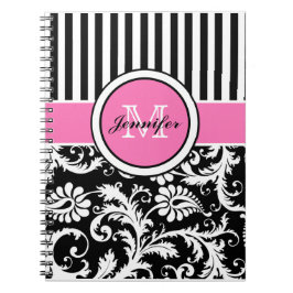 Personlig Rosa Black White Stripe Damask Anteckningsbok