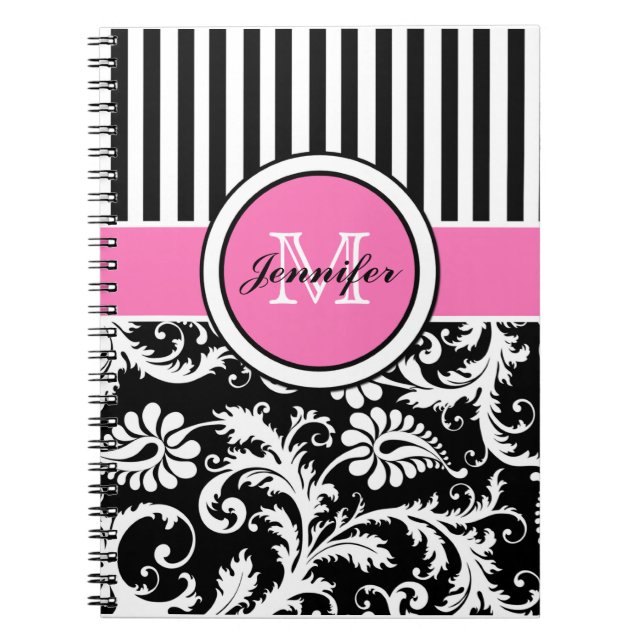 Personlig Rosa Black White Stripe Damask Anteckningsbok (Framsidan)