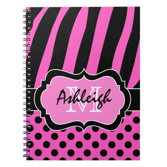 Personlig Rosa Black White Stripe Polka dots Anteckningsbok (Framsidan)