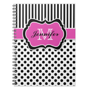 Personlig Rosa Black White Stripe Polka dots Anteckningsbok