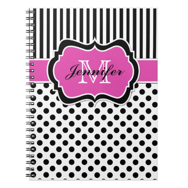 Personlig Rosa Black White Stripe Polka dots Anteckningsbok (Framsidan)