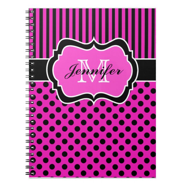 Personlig Rosa Black White Stripe Polka dots Anteckningsbok Med Spiral (Framsidan)