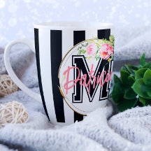 Personlig rosa blommig B&W-randig namnmonogram