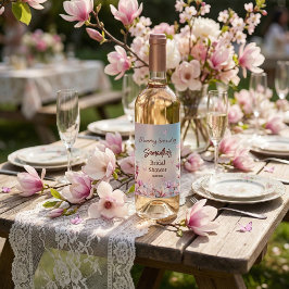 Personlig Rosa Blommig Bröllopsdusch Vinflaska Etikett