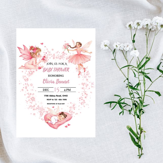Personlig Rosa Blommig Fe Babyfirande Inbjudningar (Skapare uppladdad)