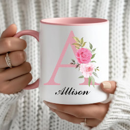 Personlig Rosa Blommig Monogramm Kopppresent För H Mugg