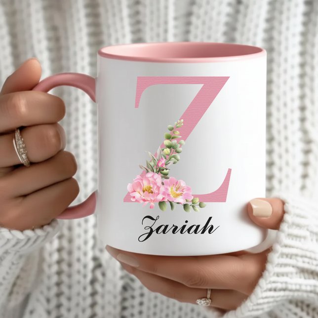 Personlig Rosa Blommig Muggpresent till Brudtjejer Mugg (Pink Roses Monogram Mug Graduation Gift for Her, Personalized Floral Rose Mug Christmas Gift for Mom)