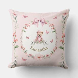 Personlig rosa blommig och teddybjörn omfamning kudde