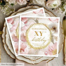 Personlig Rosa Blommigt Birthday Napkins Guld Pappersservett