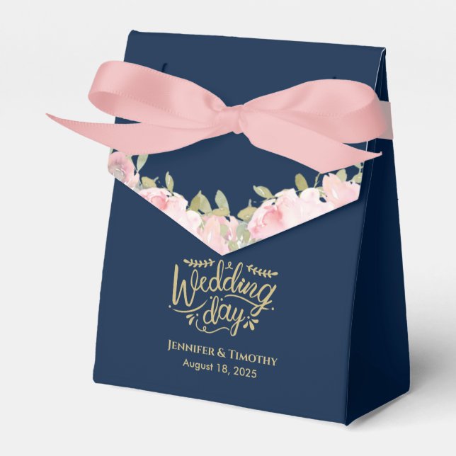 Personlig Rosa Blommigt Bröllopsdag Navy Blue Presentaskar (Framsidan Sidan)