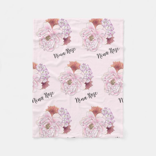 Personlig Rosa Blommigt Kids Blanket med Namn Fleecefilt (Framsidan)