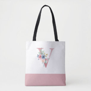 Personlig Rosa Blommigt Monogram Brev V Tygkasse