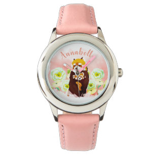 Personlig Rosa Blommigt Red Panda Barn Watch Armbandsur
