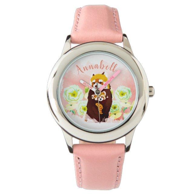 Personlig Rosa Blommigt Red Panda Barn Watch Armbandsur (Framsida)