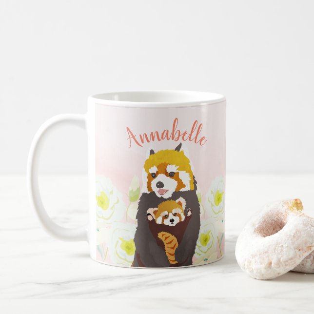 Personlig Rosa Blommigt Red Panda Mamma Baby Mugg (Med munk)
