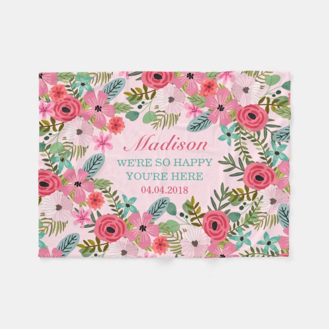 Personlig rosa blommigt ull babyfilt för   fleecefilt (Framsidan (Horisontell))