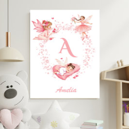 Personlig rosa blomsterflicka monogram barnkammare poster