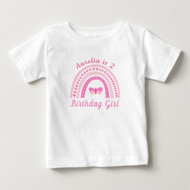 Personlig Rosa Boho Rainbow Birthday Namn & Age T Shirt (Framsida)